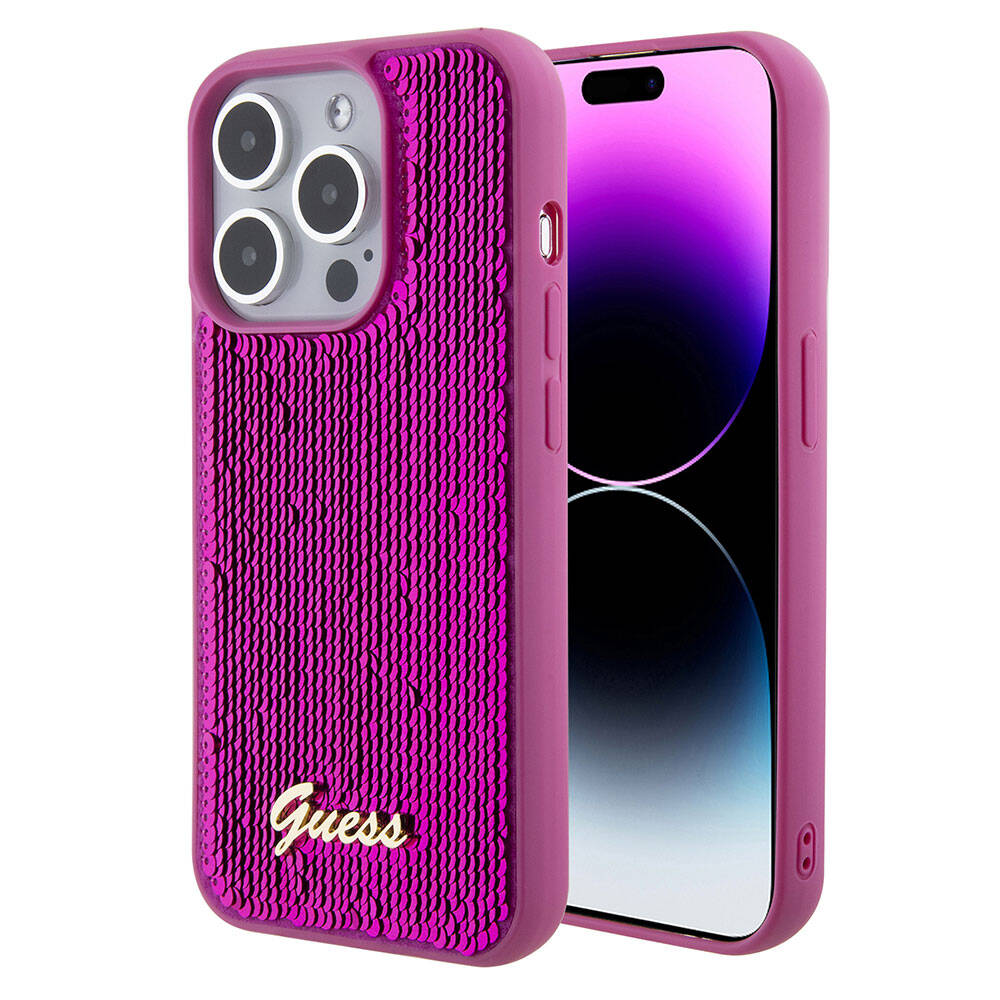 Apple iPhone 15 Pro Kılıf Guess Orjinal Lisanslı Pullu Arka Yüzey Metal Yazı Logolu Sequin Script Kapak Siyah