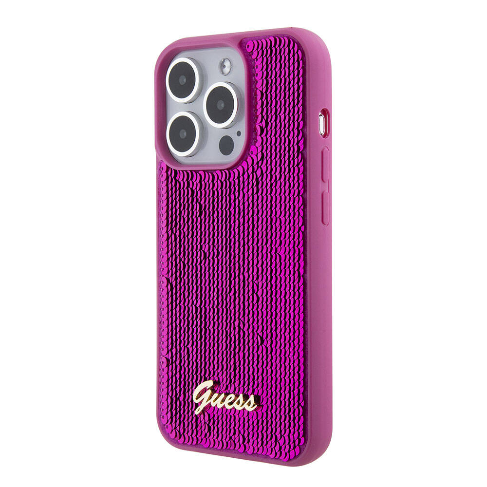 Apple iPhone 15 Pro Kılıf Guess Orjinal Lisanslı Pullu Arka Yüzey Metal Yazı Logolu Sequin Script Kapak Gümüş