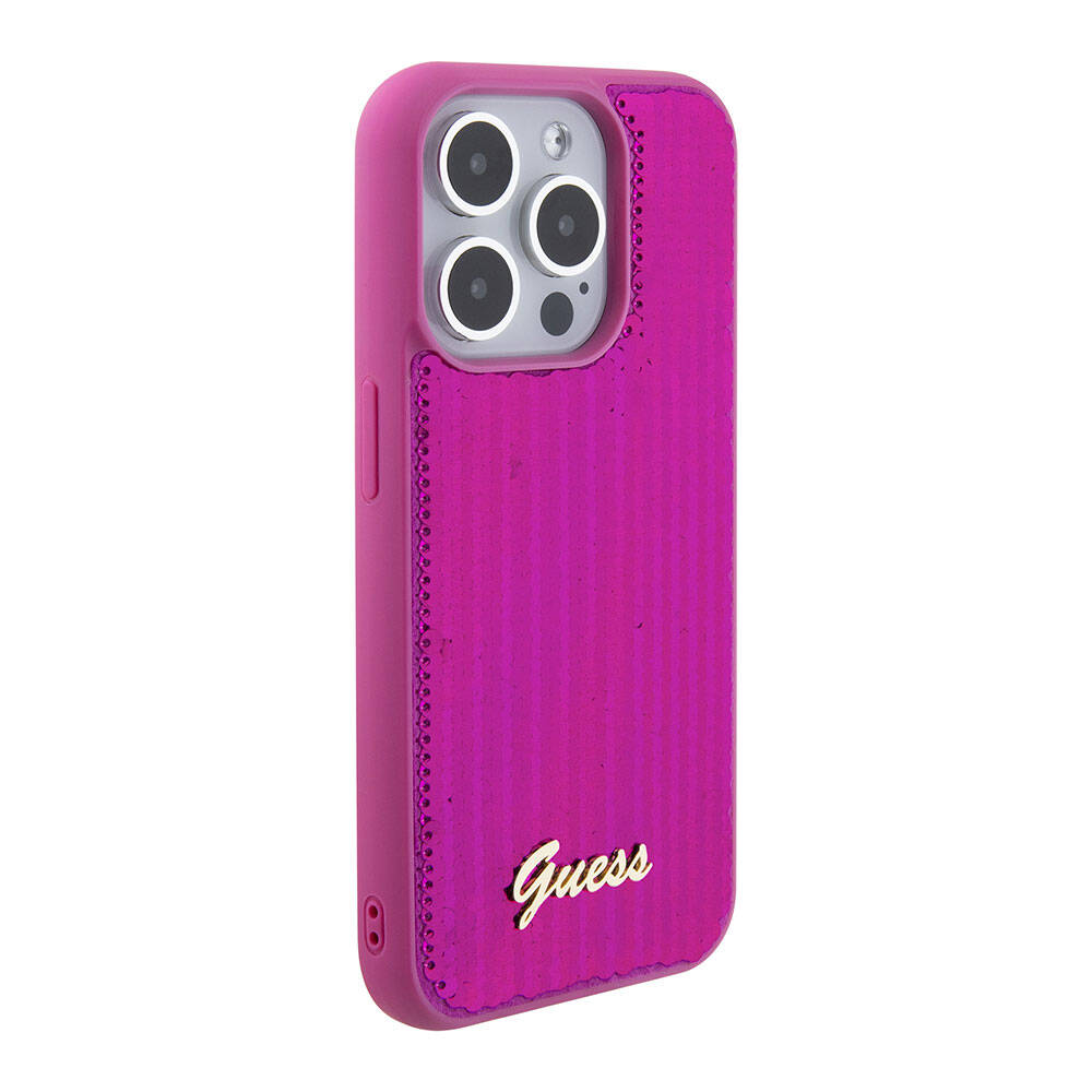 Apple iPhone 15 Pro Kılıf Guess Orjinal Lisanslı Pullu Arka Yüzey Metal Yazı Logolu Sequin Script Kapak Siyah