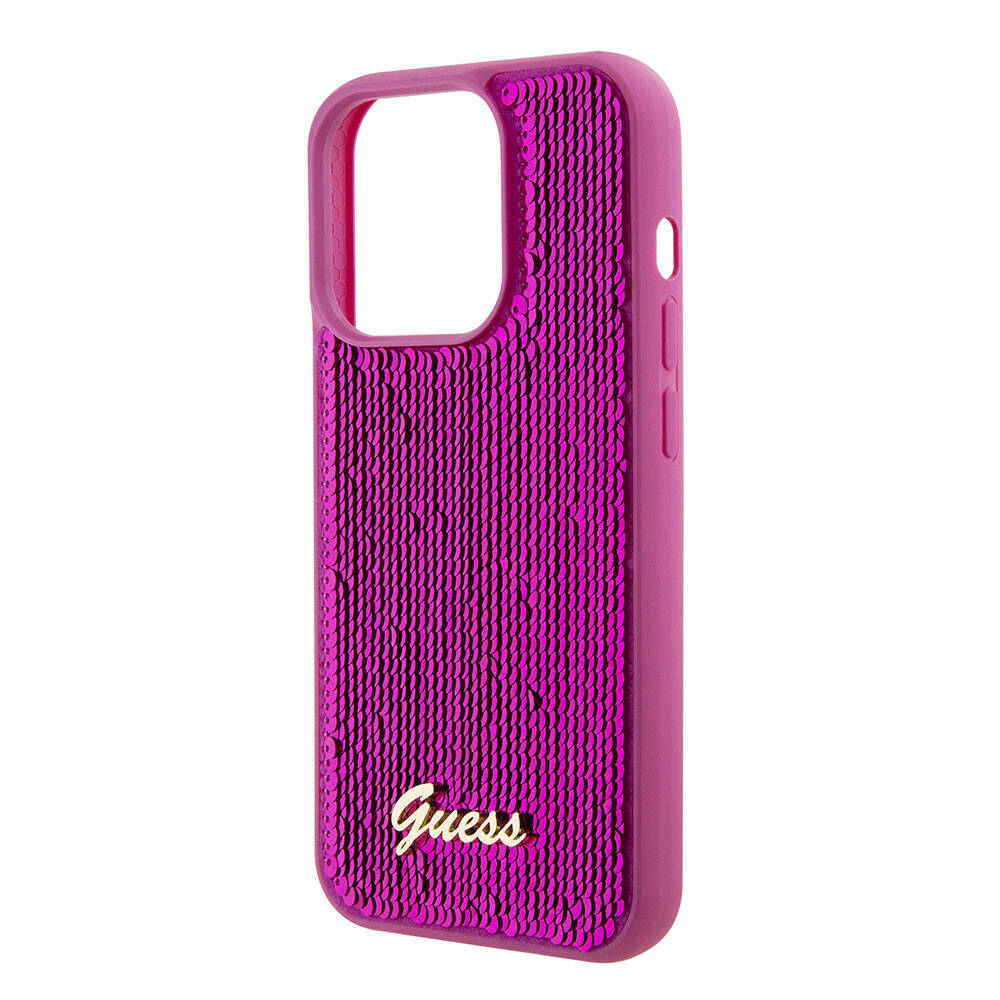Apple iPhone 15 Pro Kılıf Guess Orjinal Lisanslı Pullu Arka Yüzey Metal Yazı Logolu Sequin Script Kapak Gümüş