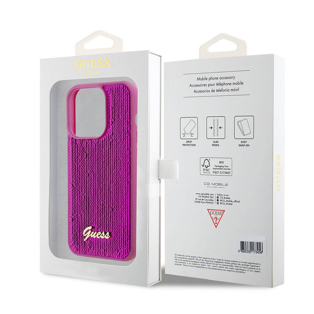 Apple iPhone 15 Pro Kılıf Guess Orjinal Lisanslı Pullu Arka Yüzey Metal Yazı Logolu Sequin Script Kapak Siyah