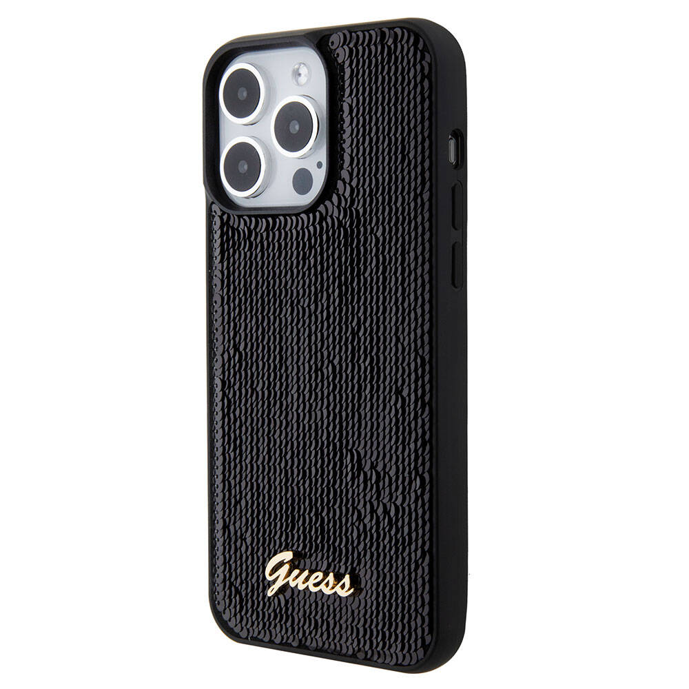 Apple iPhone 15 Pro Kılıf Guess Orjinal Lisanslı Pullu Arka Yüzey Metal Yazı Logolu Sequin Script Kapak Siyah
