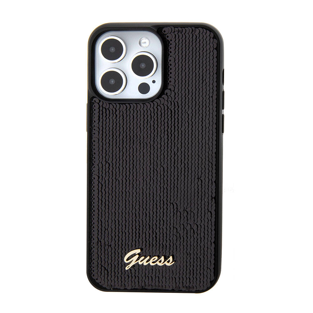 Apple iPhone 15 Pro Kılıf Guess Orjinal Lisanslı Pullu Arka Yüzey Metal Yazı Logolu Sequin Script Kapak Gümüş