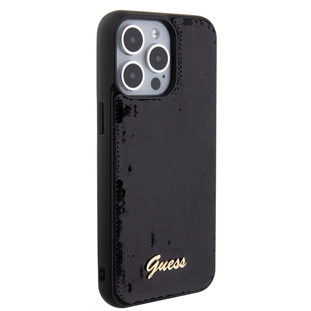 Apple iPhone 15 Pro Kılıf Guess Orjinal Lisanslı Pullu Arka Yüzey Metal Yazı Logolu Sequin Script Kapak Gümüş