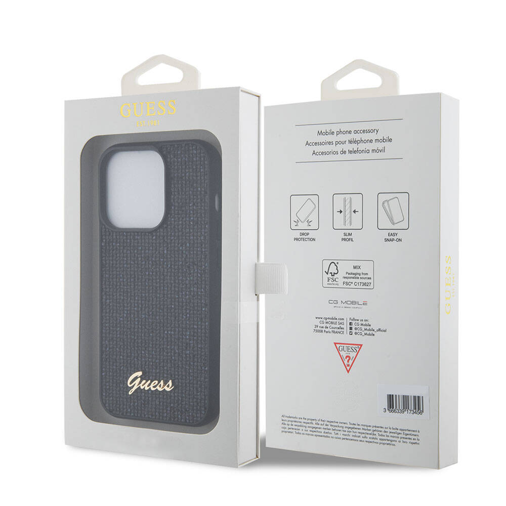 Apple iPhone 15 Pro Kılıf Guess Orjinal Lisanslı Pullu Arka Yüzey Metal Yazı Logolu Sequin Script Kapak Gümüş