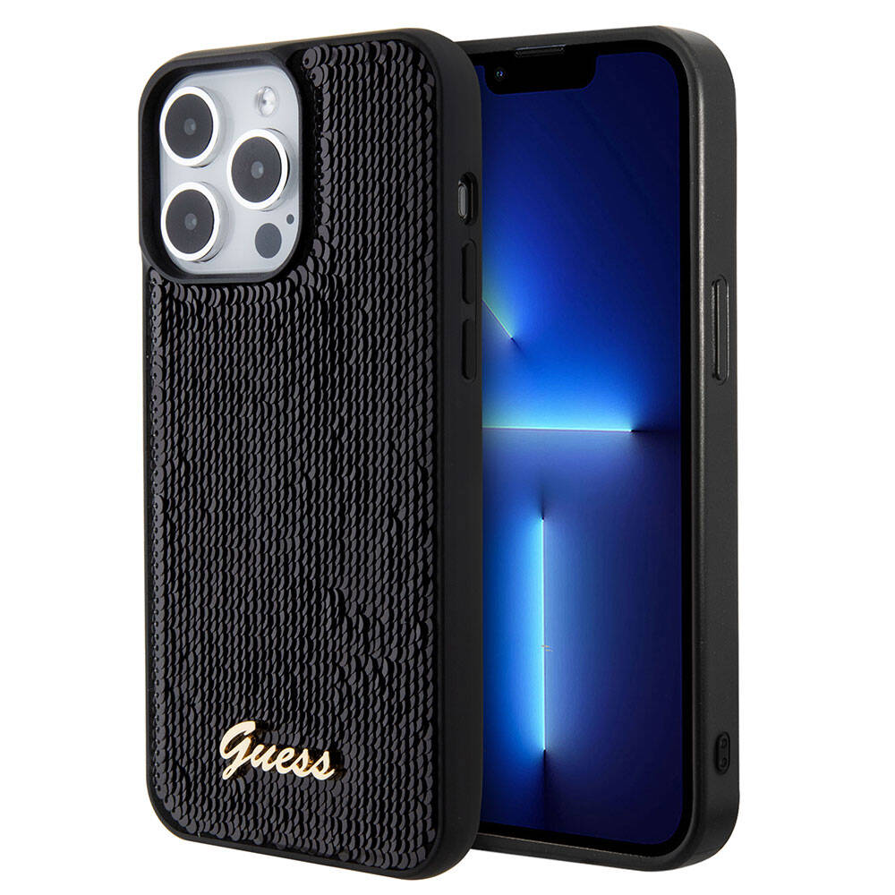 Apple iPhone 15 Pro Kılıf Guess Orjinal Lisanslı Pullu Arka Yüzey Metal Yazı Logolu Sequin Script Kapak Siyah
