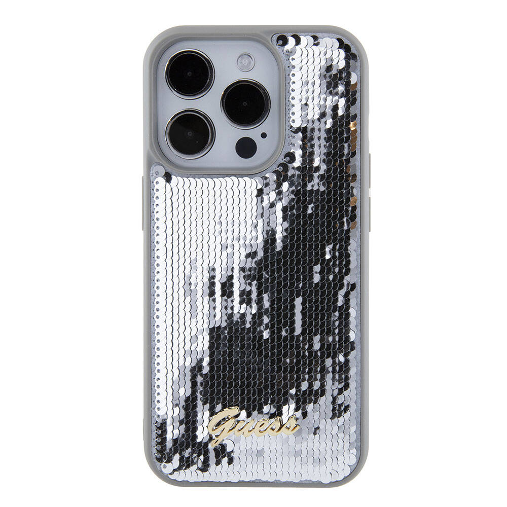 Apple iPhone 15 Pro Kılıf Guess Orjinal Lisanslı Pullu Arka Yüzey Metal Yazı Logolu Sequin Script Kapak Siyah