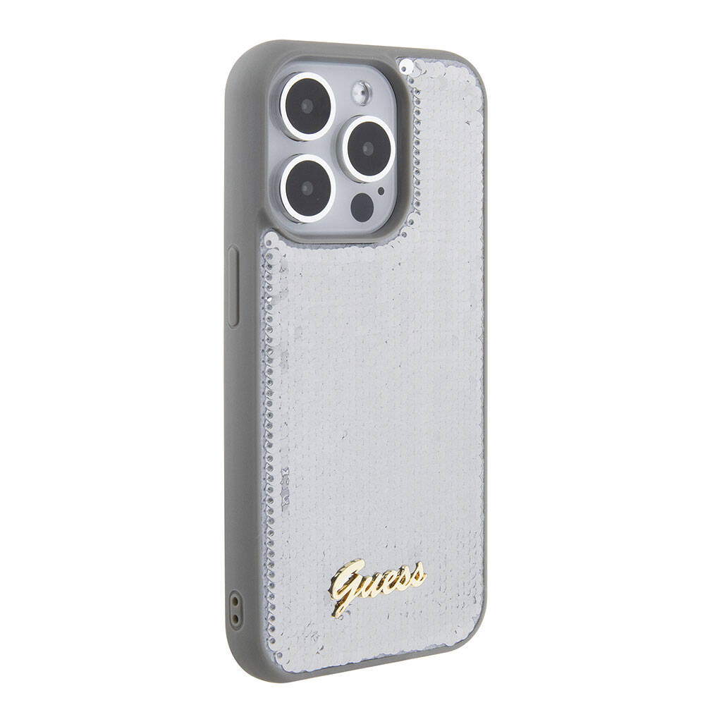 Apple iPhone 15 Pro Kılıf Guess Orjinal Lisanslı Pullu Arka Yüzey Metal Yazı Logolu Sequin Script Kapak Gümüş