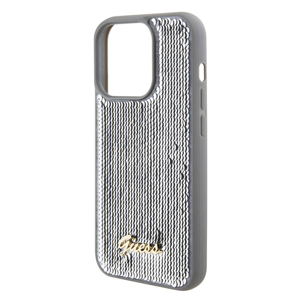 Apple iPhone 15 Pro Kılıf Guess Orjinal Lisanslı Pullu Arka Yüzey Metal Yazı Logolu Sequin Script Kapak Gümüş