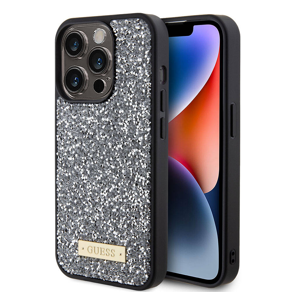 Apple iPhone 15 Pro Kılıf Guess Orjinal Lisanslı Taşlı Arka Yüzey Metal Yazı Logolu Kapak Gümüş