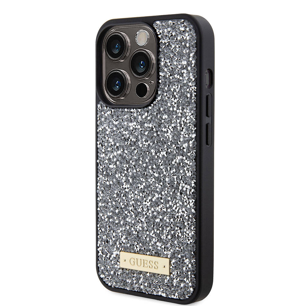 Apple iPhone 15 Pro Kılıf Guess Orjinal Lisanslı Taşlı Arka Yüzey Metal Yazı Logolu Kapak Gümüş