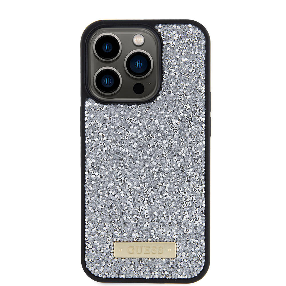 Apple iPhone 15 Pro Kılıf Guess Orjinal Lisanslı Taşlı Arka Yüzey Metal Yazı Logolu Kapak Gümüş