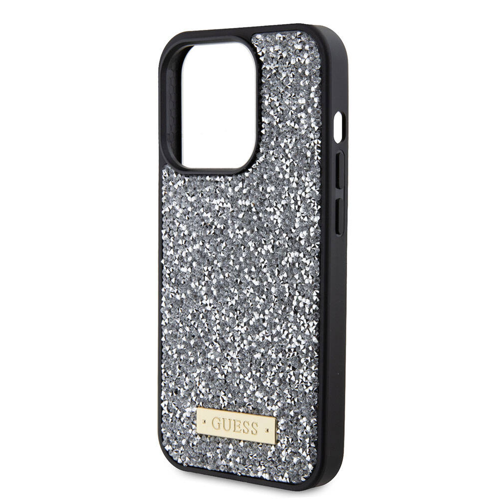 Apple iPhone 15 Pro Kılıf Guess Orjinal Lisanslı Taşlı Arka Yüzey Metal Yazı Logolu Kapak Gümüş