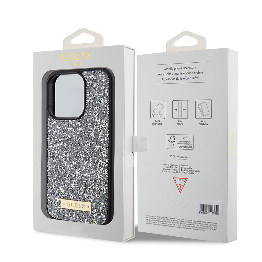 Apple iPhone 15 Pro Kılıf Guess Orjinal Lisanslı Taşlı Arka Yüzey Metal Yazı Logolu Kapak Gümüş