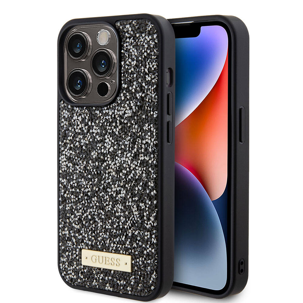 Apple iPhone 15 Pro Kılıf Guess Orjinal Lisanslı Taşlı Arka Yüzey Metal Yazı Logolu Kapak Gümüş