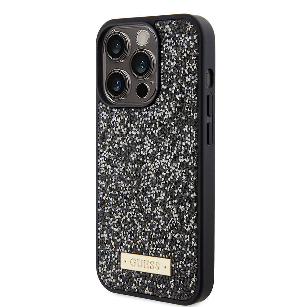 Apple iPhone 15 Pro Kılıf Guess Orjinal Lisanslı Taşlı Arka Yüzey Metal Yazı Logolu Kapak Gümüş