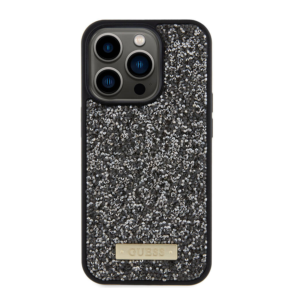 Apple iPhone 15 Pro Kılıf Guess Orjinal Lisanslı Taşlı Arka Yüzey Metal Yazı Logolu Kapak Gümüş