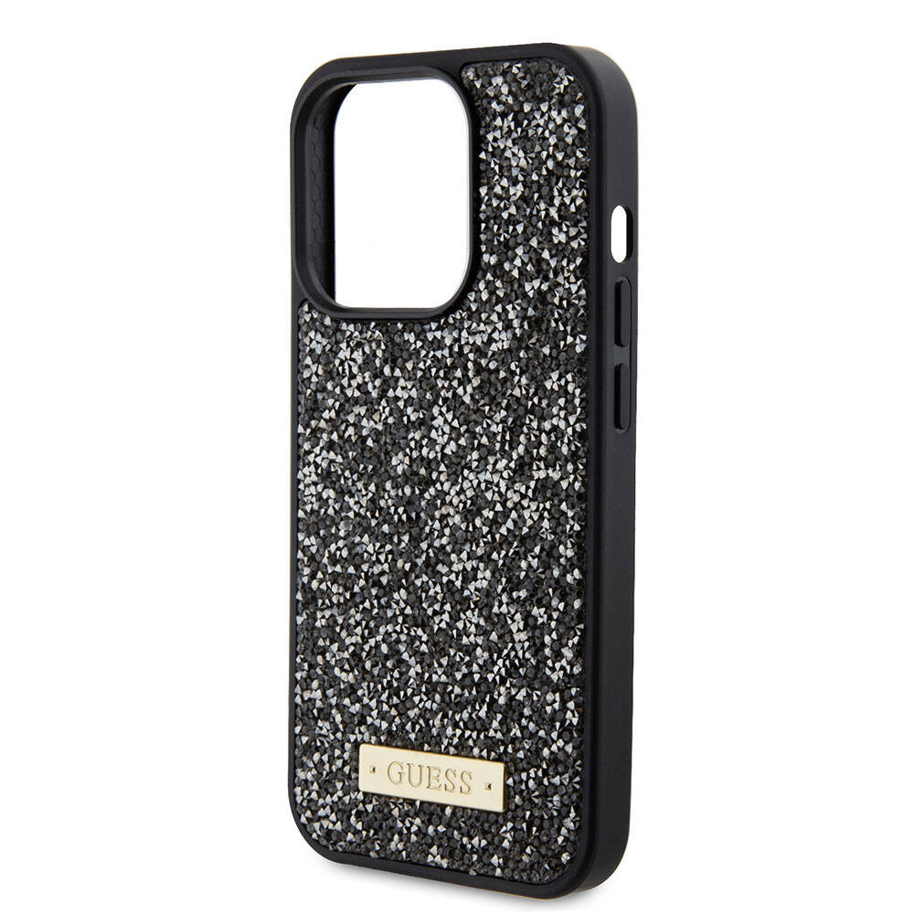 Apple iPhone 15 Pro Kılıf Guess Orjinal Lisanslı Taşlı Arka Yüzey Metal Yazı Logolu Kapak Gümüş
