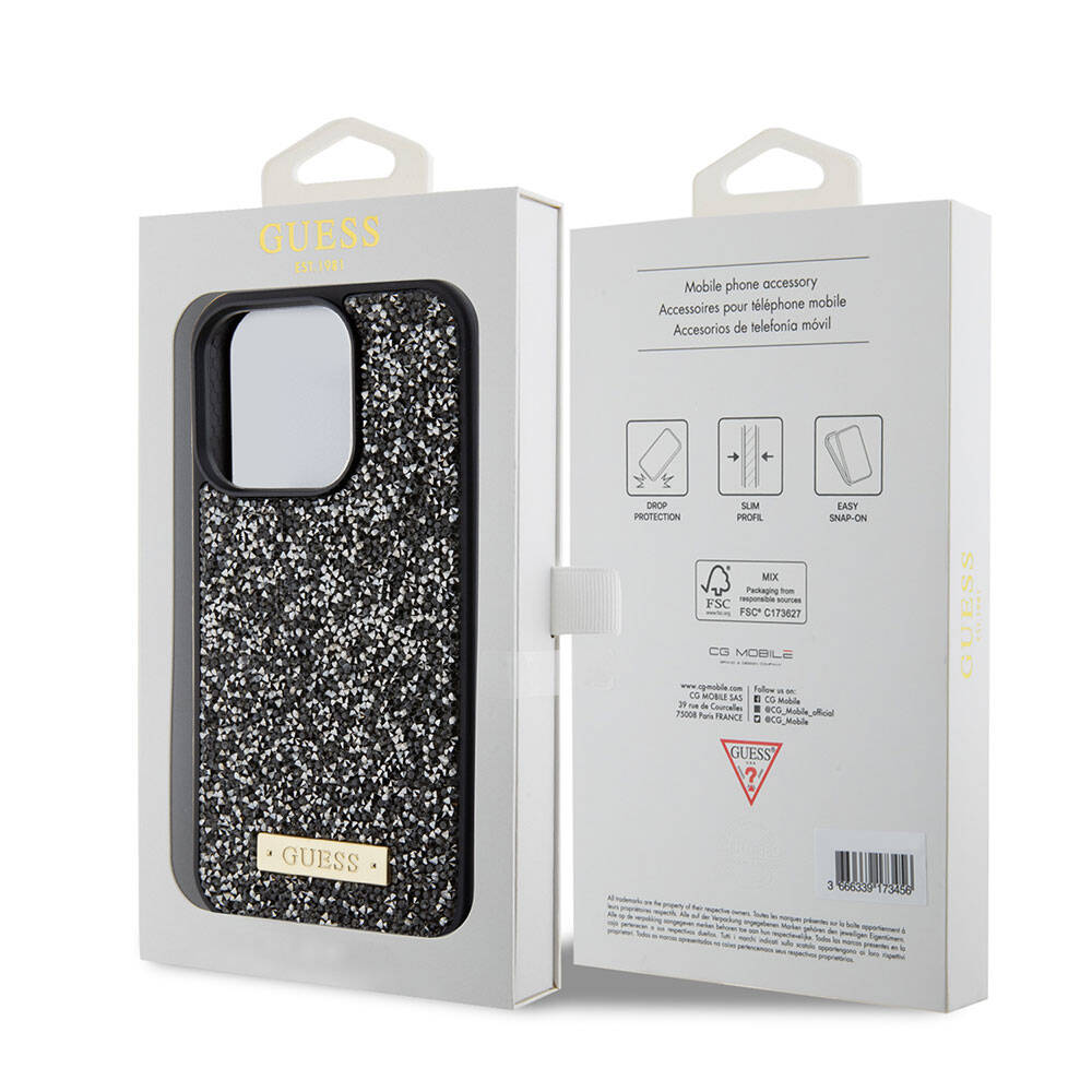 Apple iPhone 15 Pro Kılıf Guess Orjinal Lisanslı Taşlı Arka Yüzey Metal Yazı Logolu Kapak Gümüş