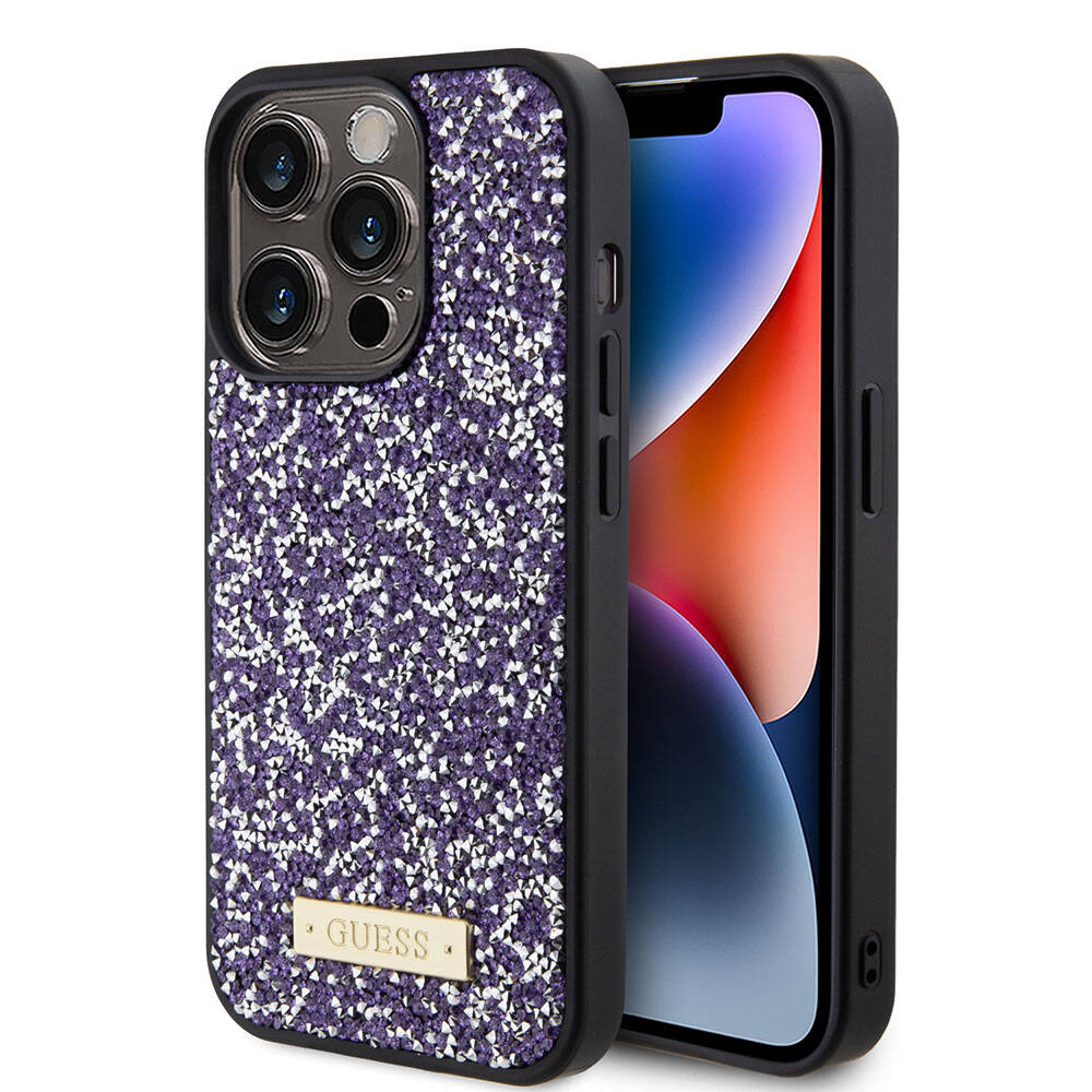 Apple iPhone 15 Pro Kılıf Guess Orjinal Lisanslı Taşlı Arka Yüzey Metal Yazı Logolu Kapak Gümüş