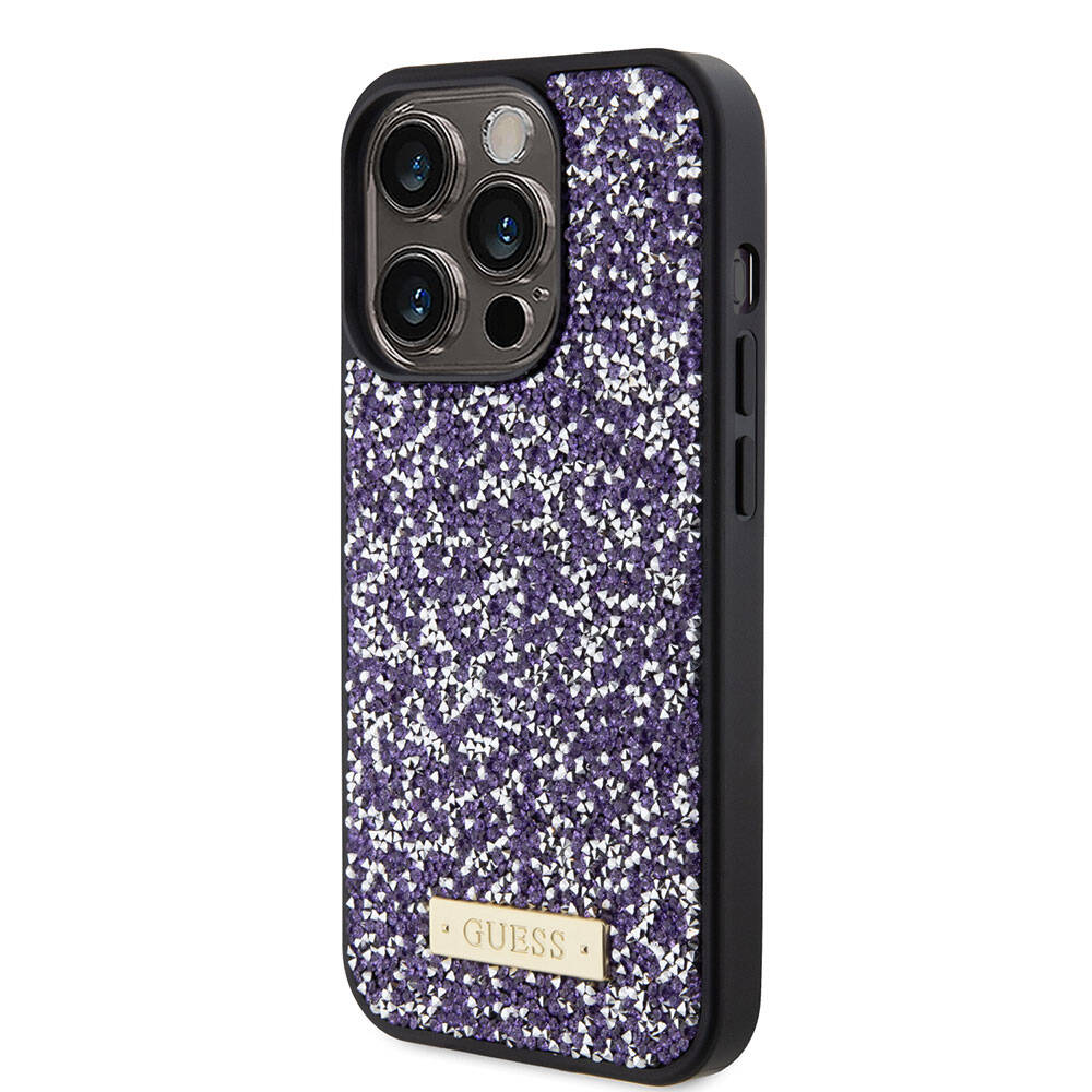 Apple iPhone 15 Pro Kılıf Guess Orjinal Lisanslı Taşlı Arka Yüzey Metal Yazı Logolu Kapak Gümüş