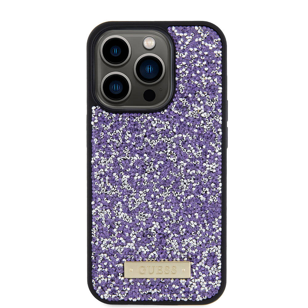 Apple iPhone 15 Pro Kılıf Guess Orjinal Lisanslı Taşlı Arka Yüzey Metal Yazı Logolu Kapak Gümüş