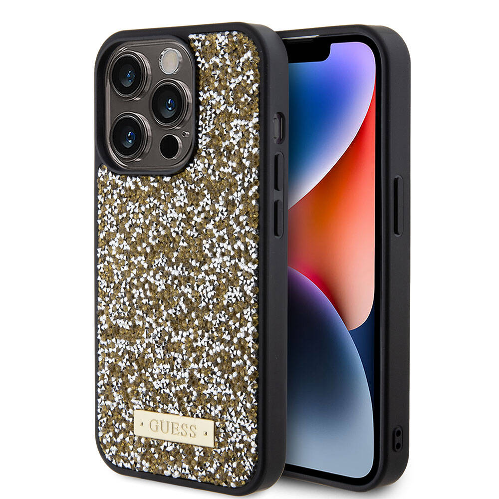 Apple iPhone 15 Pro Kılıf Guess Orjinal Lisanslı Taşlı Arka Yüzey Metal Yazı Logolu Kapak Gümüş