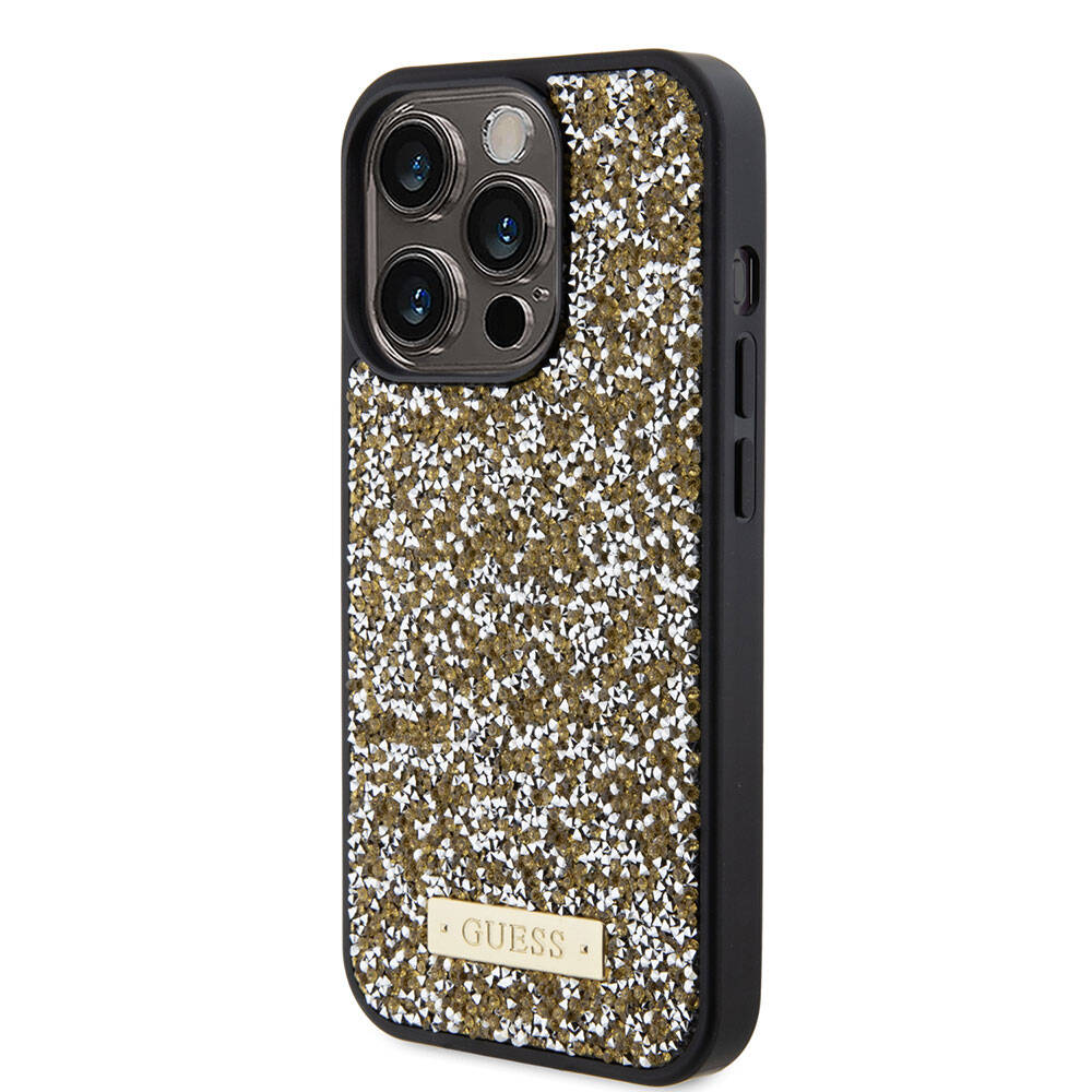 Apple iPhone 15 Pro Kılıf Guess Orjinal Lisanslı Taşlı Arka Yüzey Metal Yazı Logolu Kapak Gümüş