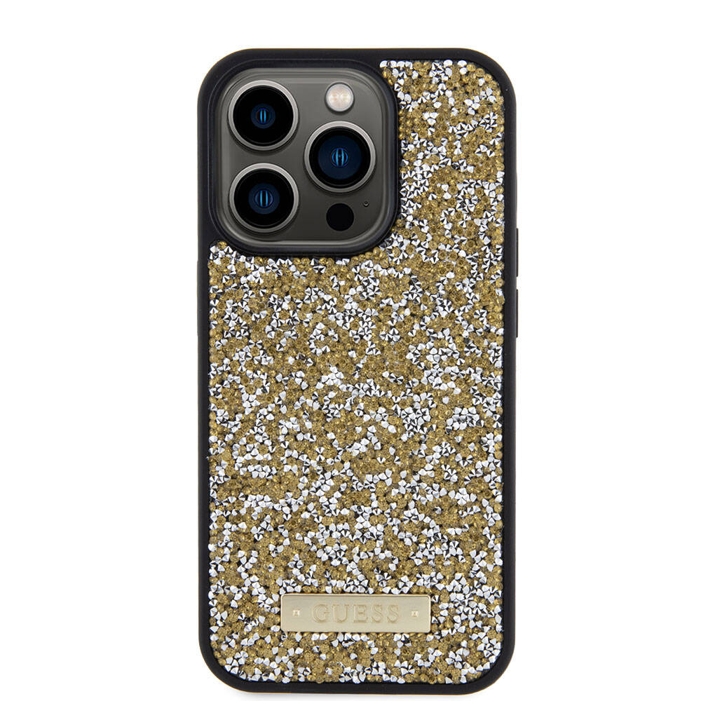 Apple iPhone 15 Pro Kılıf Guess Orjinal Lisanslı Taşlı Arka Yüzey Metal Yazı Logolu Kapak Gümüş