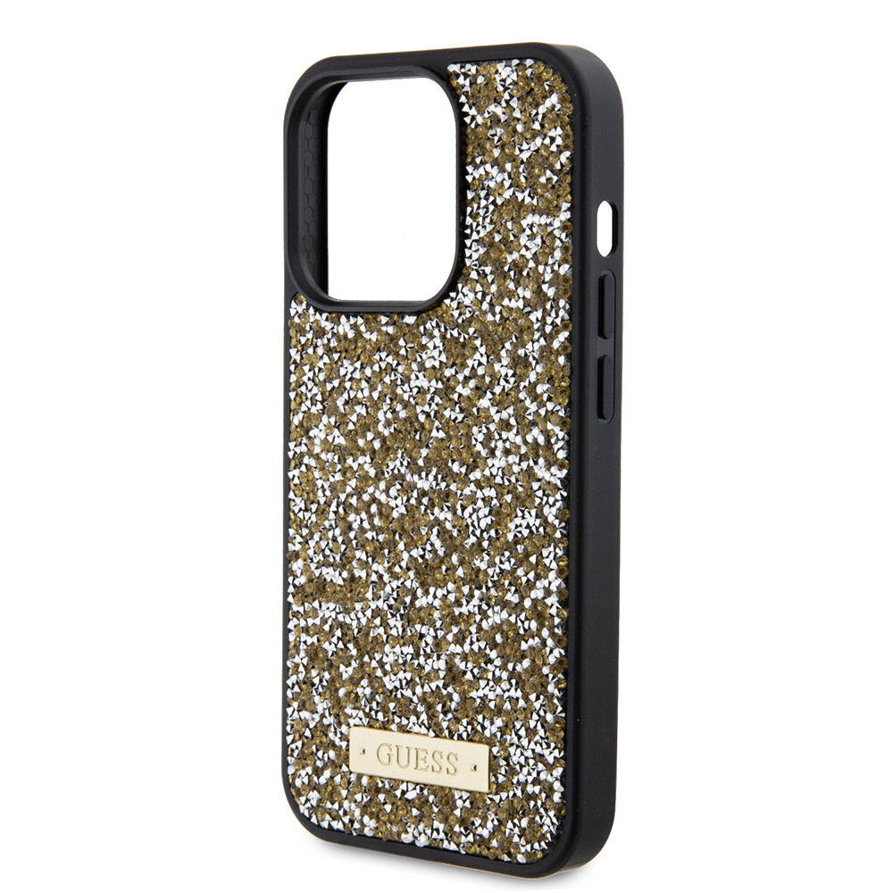 Apple iPhone 15 Pro Kılıf Guess Orjinal Lisanslı Taşlı Arka Yüzey Metal Yazı Logolu Kapak Gümüş