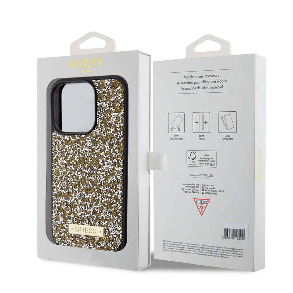 Apple iPhone 15 Pro Kılıf Guess Orjinal Lisanslı Taşlı Arka Yüzey Metal Yazı Logolu Kapak Gümüş