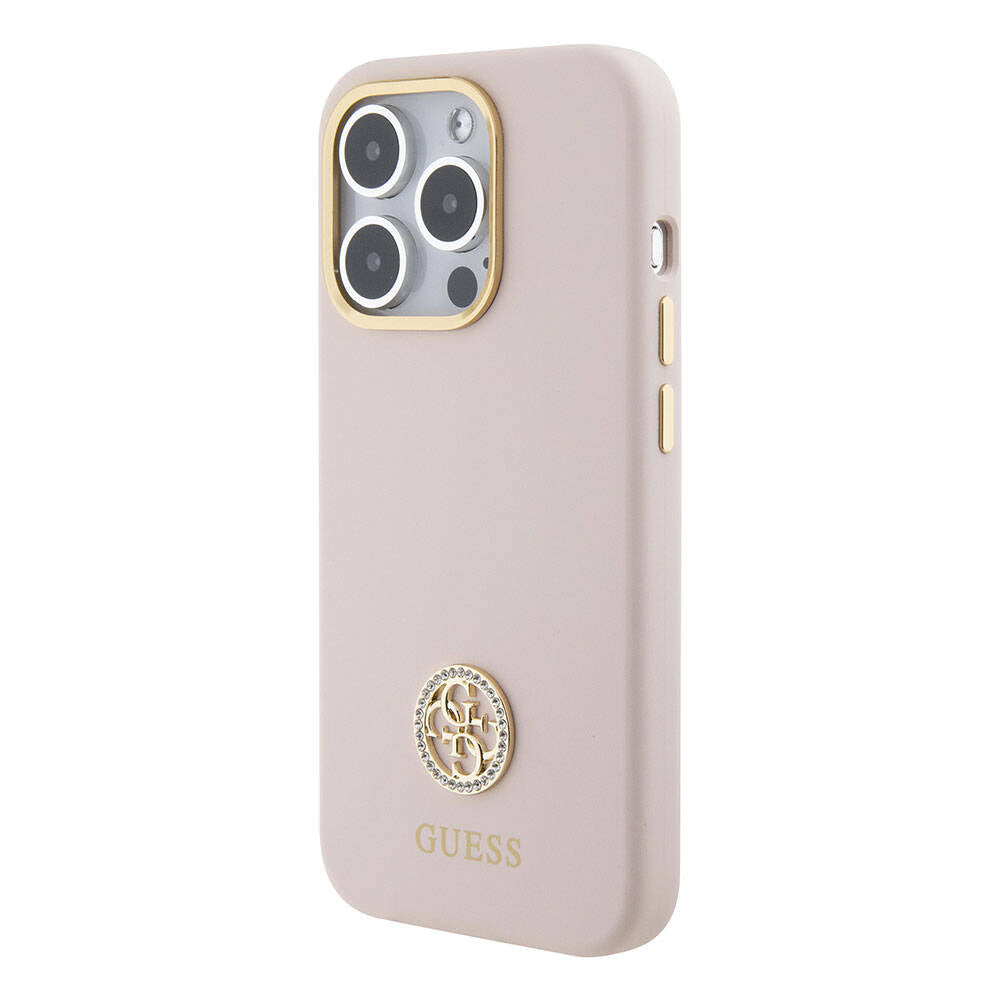 Apple iPhone 15 Pro Kılıf Guess Orjinal Lisanslı Yazı ve Taşlı 4G Logolu Metal Kamera Çerçeveli Silikon Kapak Pembe