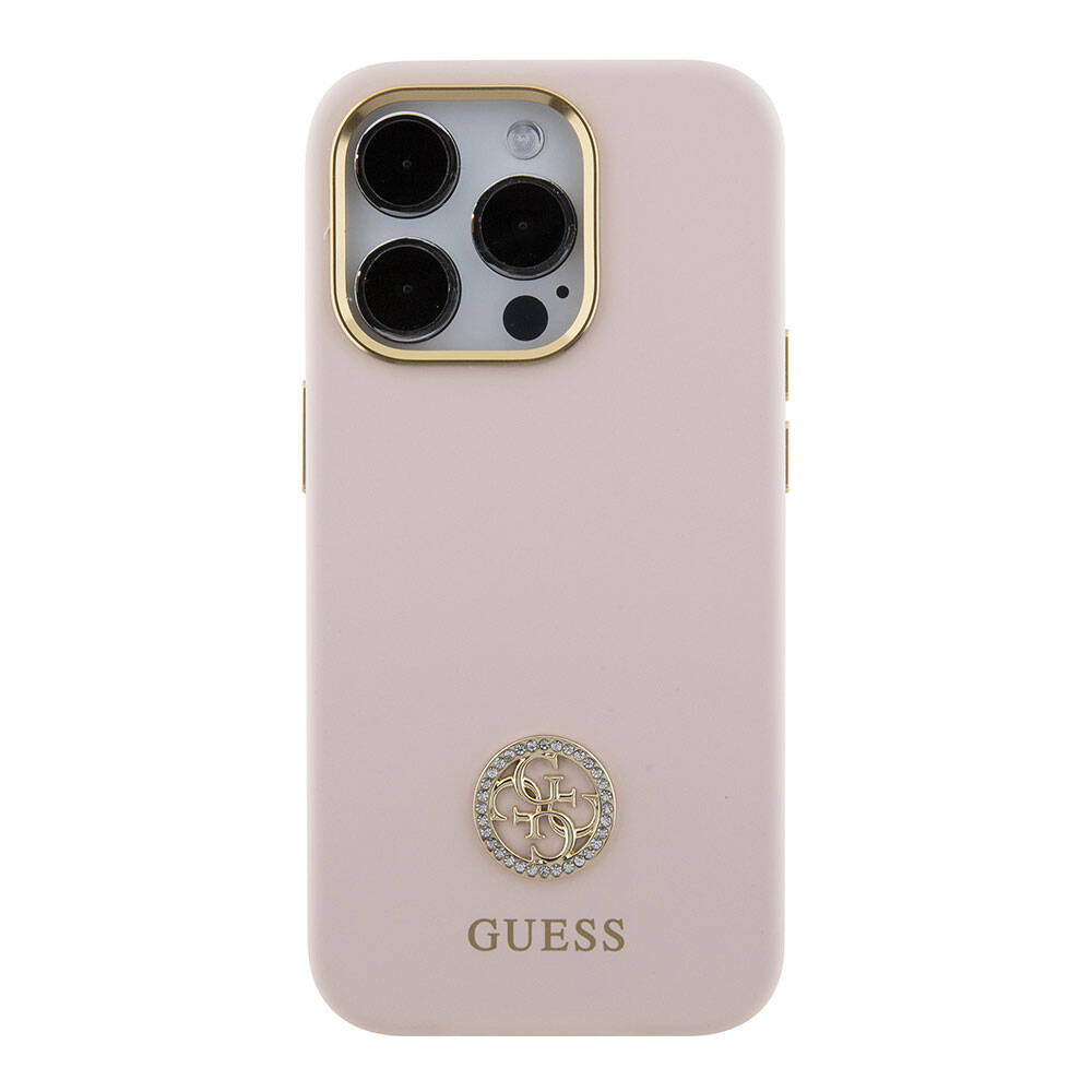 Apple iPhone 15 Pro Kılıf Guess Orjinal Lisanslı Yazı ve Taşlı 4G Logolu Metal Kamera Çerçeveli Silikon Kapak Pembe