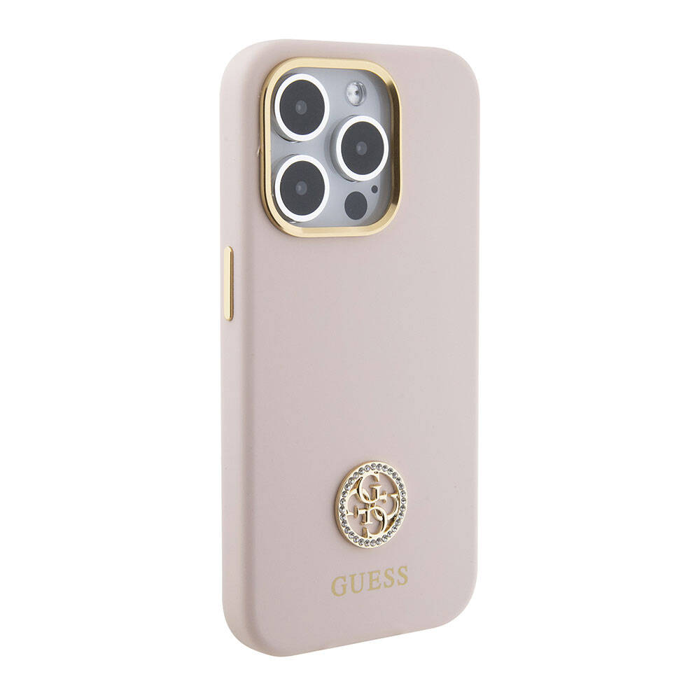 Apple iPhone 15 Pro Kılıf Guess Orjinal Lisanslı Yazı ve Taşlı 4G Logolu Metal Kamera Çerçeveli Silikon Kapak Pembe