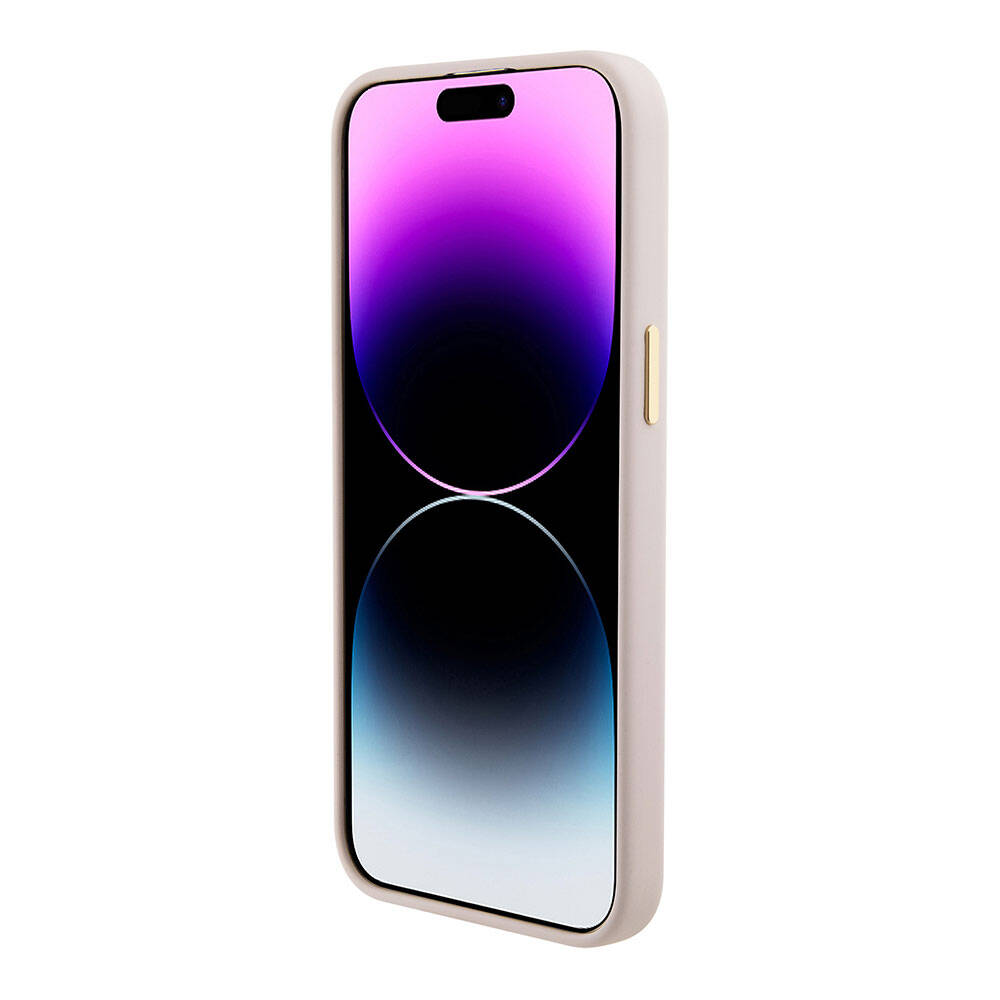 Apple iPhone 15 Pro Kılıf Guess Orjinal Lisanslı Yazı ve Taşlı 4G Logolu Metal Kamera Çerçeveli Silikon Kapak Pembe