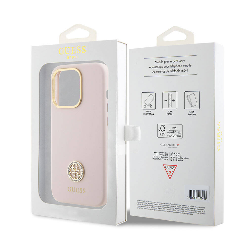 Apple iPhone 15 Pro Kılıf Guess Orjinal Lisanslı Yazı ve Taşlı 4G Logolu Metal Kamera Çerçeveli Silikon Kapak Pembe