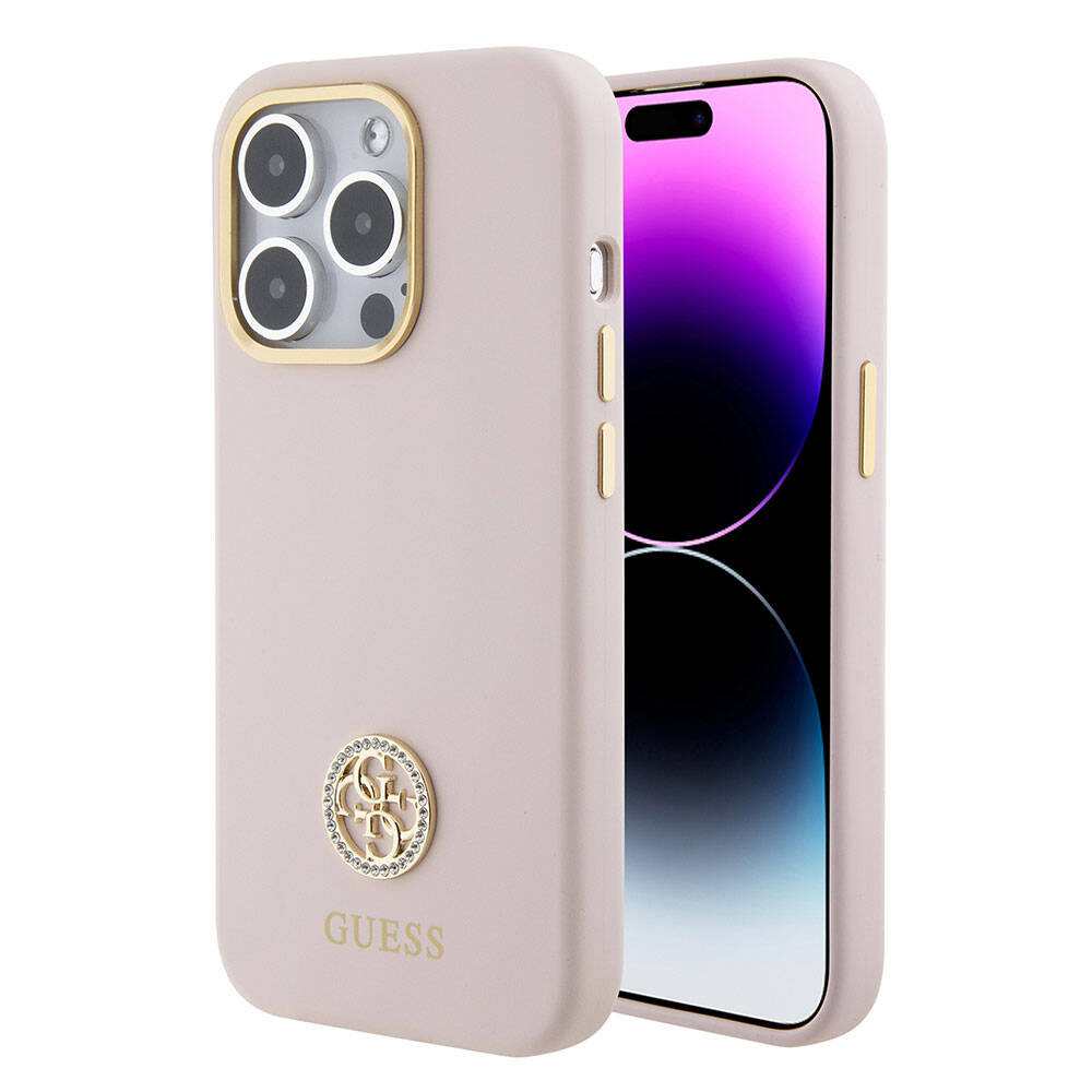 Apple iPhone 15 Pro Kılıf Guess Orjinal Lisanslı Yazı ve Taşlı 4G Logolu Metal Kamera Çerçeveli Silikon Kapak Pembe