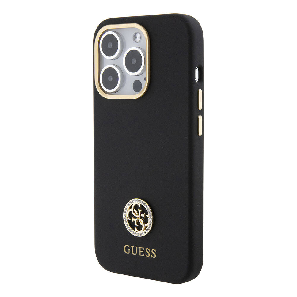 Apple iPhone 15 Pro Kılıf Guess Orjinal Lisanslı Yazı ve Taşlı 4G Logolu Metal Kamera Çerçeveli Silikon Kapak Siyah