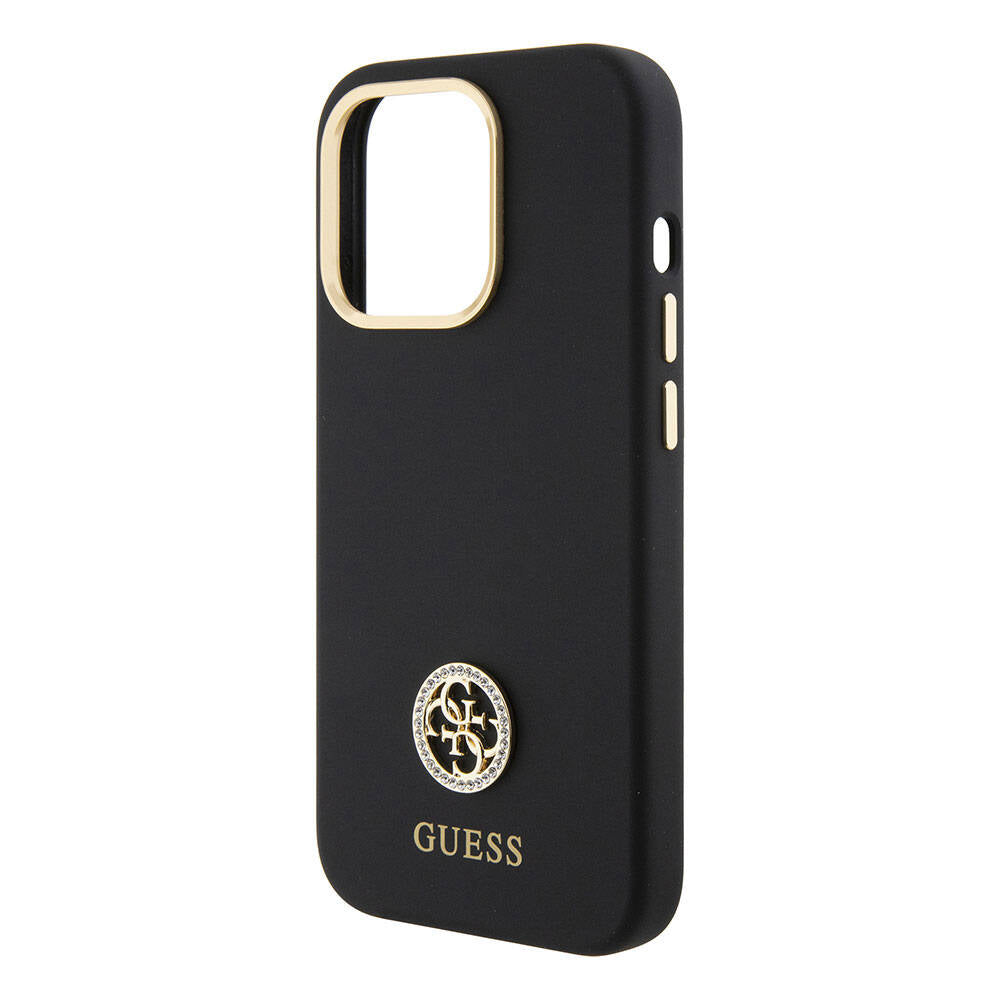 Apple iPhone 15 Pro Kılıf Guess Orjinal Lisanslı Yazı ve Taşlı 4G Logolu Metal Kamera Çerçeveli Silikon Kapak Siyah