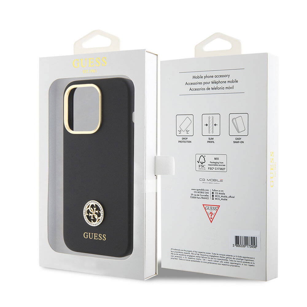 Apple iPhone 15 Pro Kılıf Guess Orjinal Lisanslı Yazı ve Taşlı 4G Logolu Metal Kamera Çerçeveli Silikon Kapak Siyah