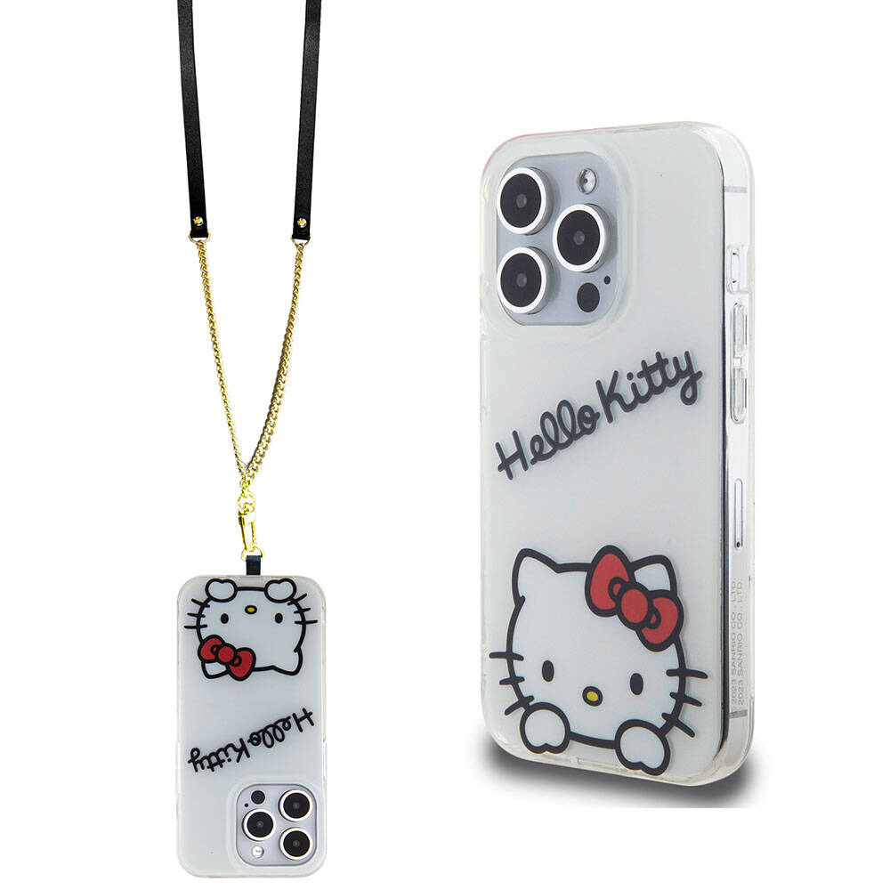 iPhone 15 Pro Kılıf Hello Kitty Orjinal Lisanslı Askılı Yazı ve İkonik Logolu Daydreaming Kılıf Beyaz