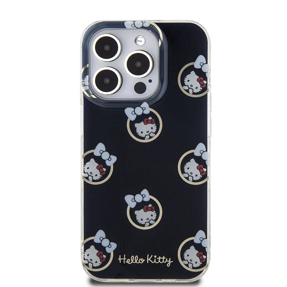 iPhone 15 Pro Kılıf Hello Kitty Orjinal Lisanslı Elektroplating Kaplama Kabarcık Baskılı Kılıf Siyah