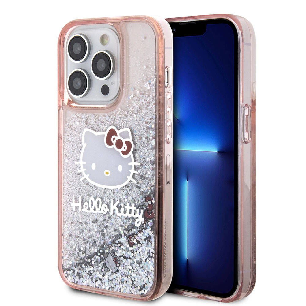 iPhone 15 Pro Kılıf Hello Kitty Orjinal Lisanslı İkonik Sıvılı Glitter Kılıf Pembe