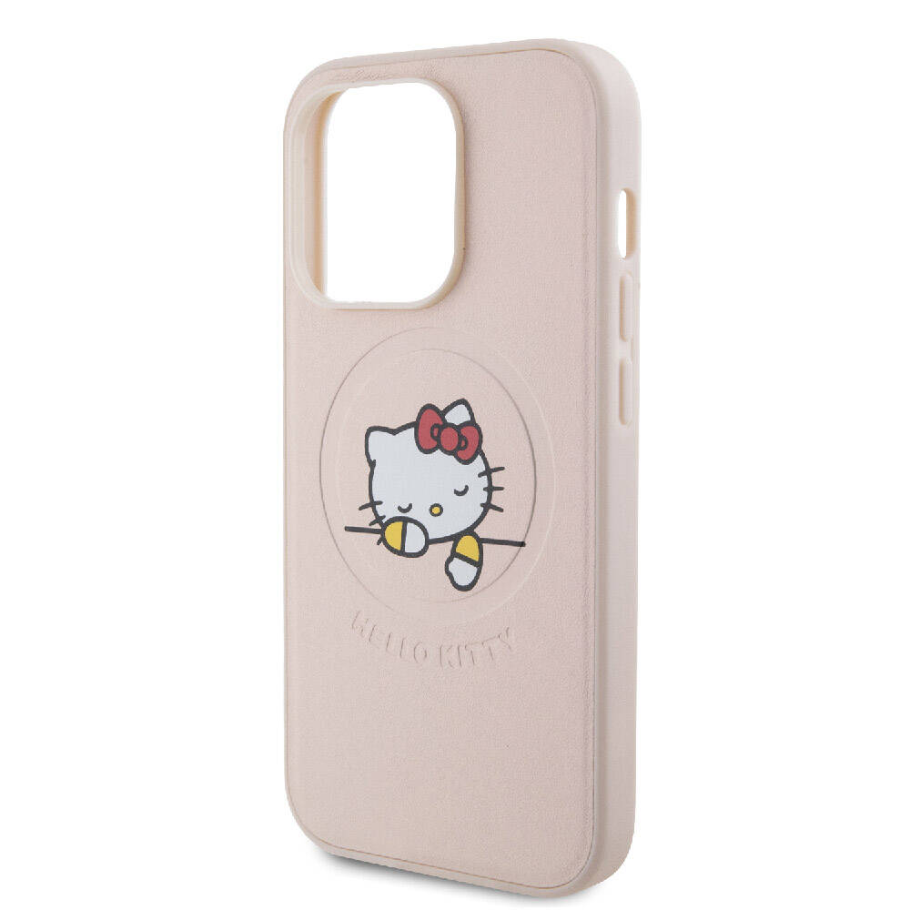 iPhone 15 Pro Kılıf Hello Kitty Orjinal Lisanslı Magsafe Şarj Özellikli Baskı Logolu Uyuyan Kitty Deri Kılıf Pembe