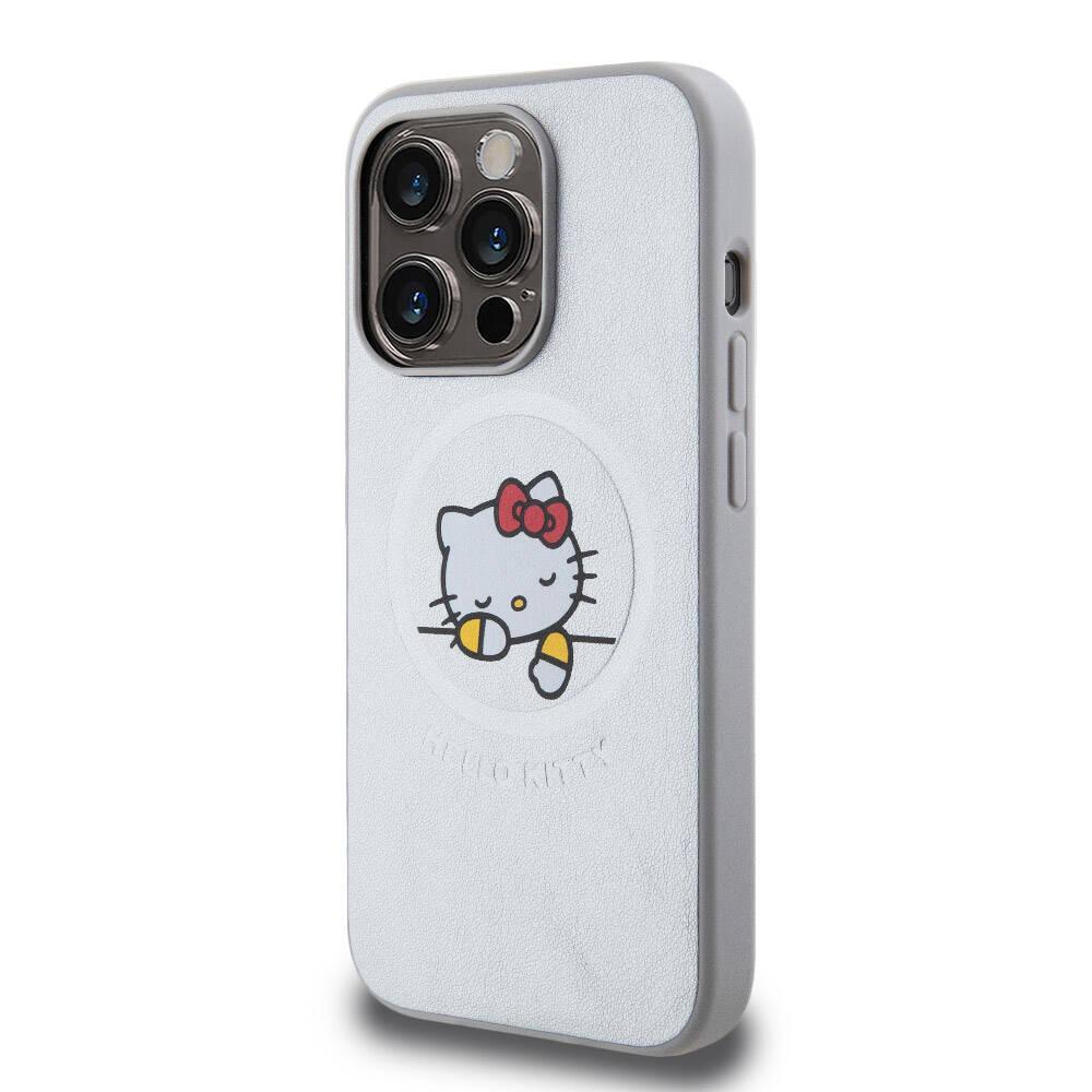 iPhone 15 Pro Kılıf Hello Kitty Orjinal Lisanslı Magsafe Şarj Özellikli Baskı Logolu Uyuyan Kitty Deri Kılıf Pembe