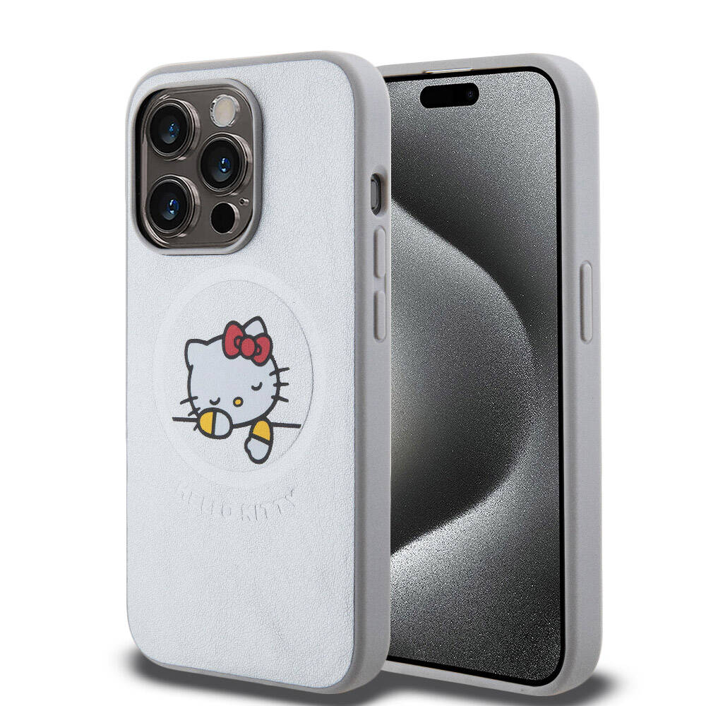 iPhone 15 Pro Kılıf Hello Kitty Orjinal Lisanslı Magsafe Şarj Özellikli Baskı Logolu Uyuyan Kitty Deri Kılıf Gümüş
