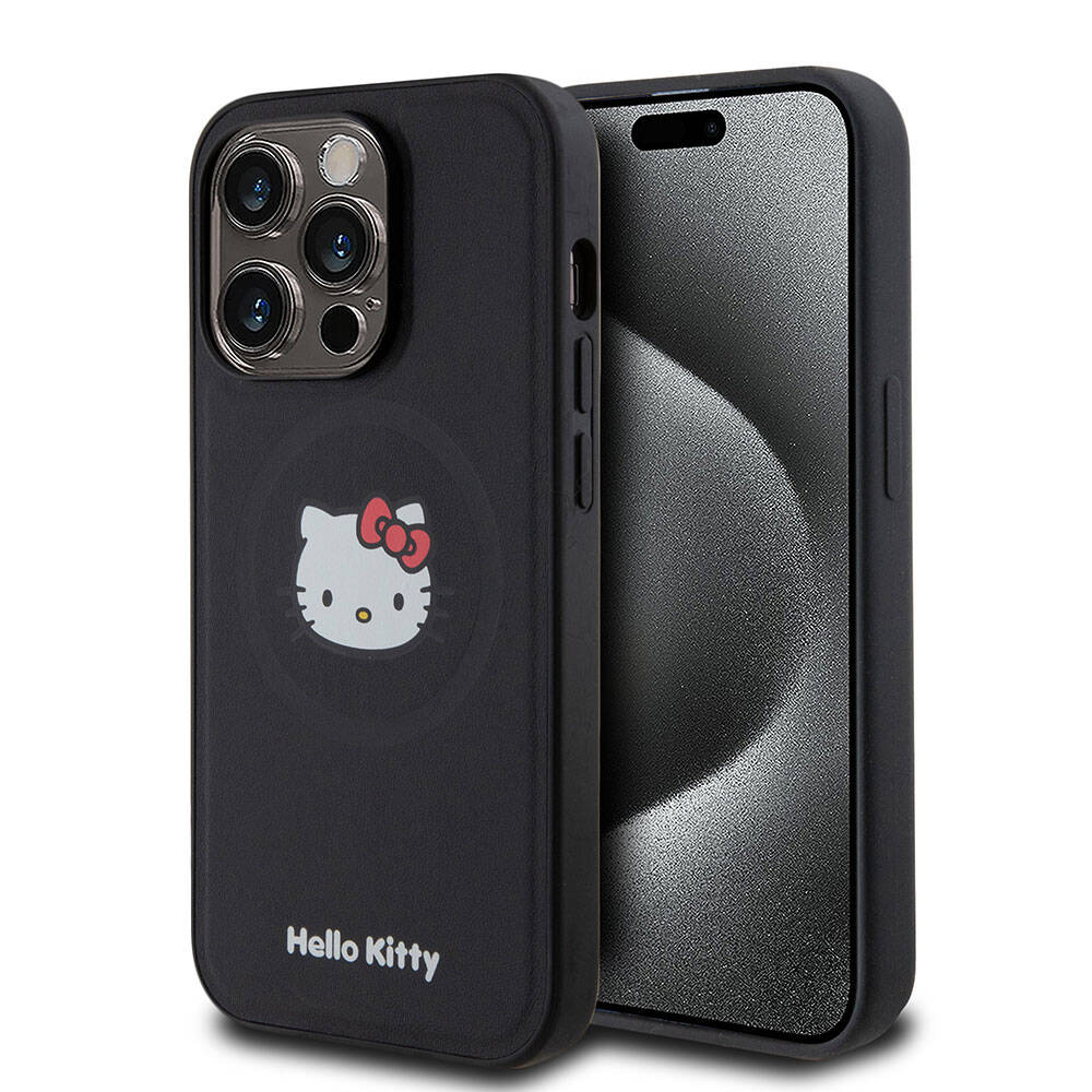 iPhone 15 Pro Kılıf Hello Kitty Orjinal Lisanslı Magsafe Şarj Özellikli Kitty Head Deri Kılıf Gold