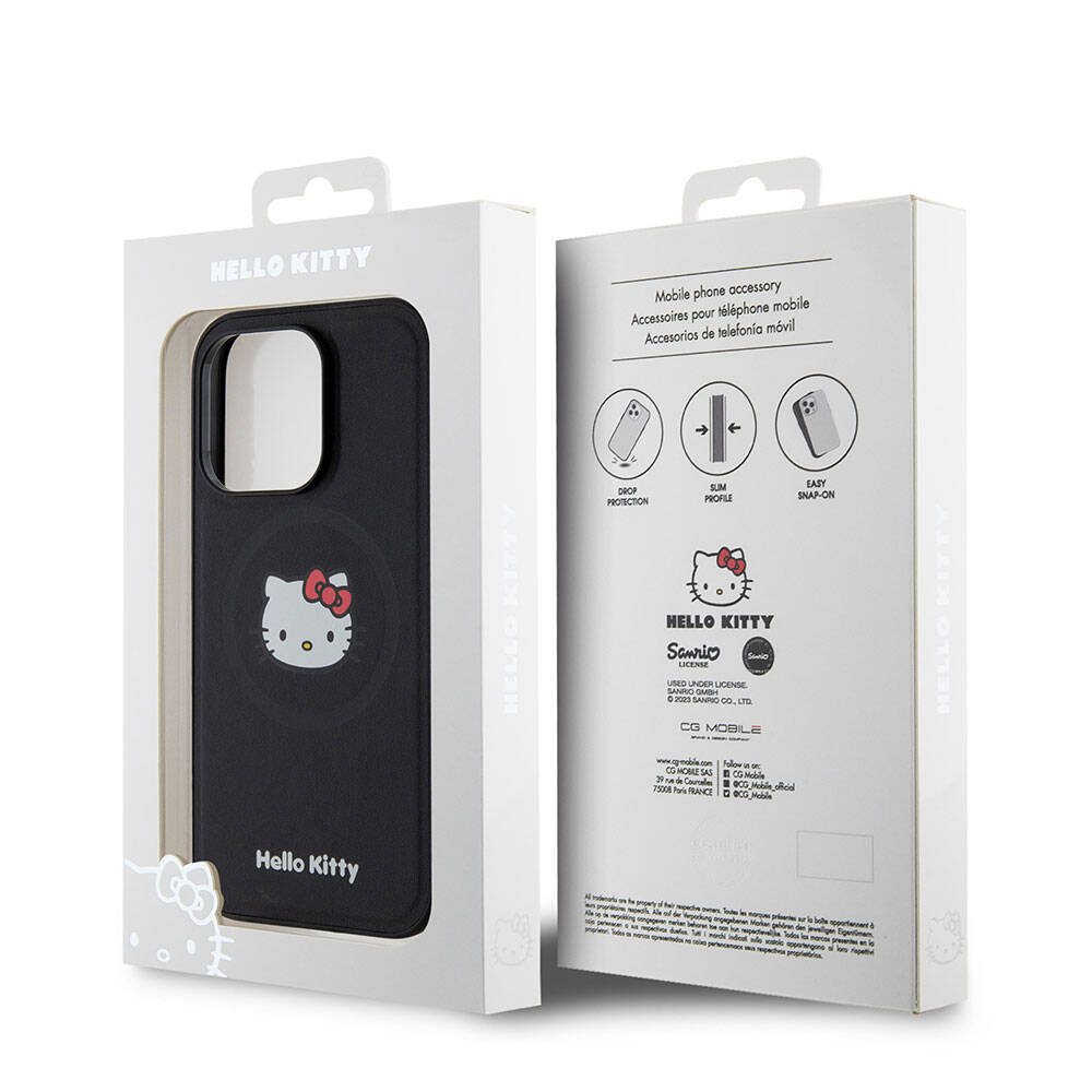 iPhone 15 Pro Kılıf Hello Kitty Orjinal Lisanslı Magsafe Şarj Özellikli Kitty Head Deri Kılıf Siyah
