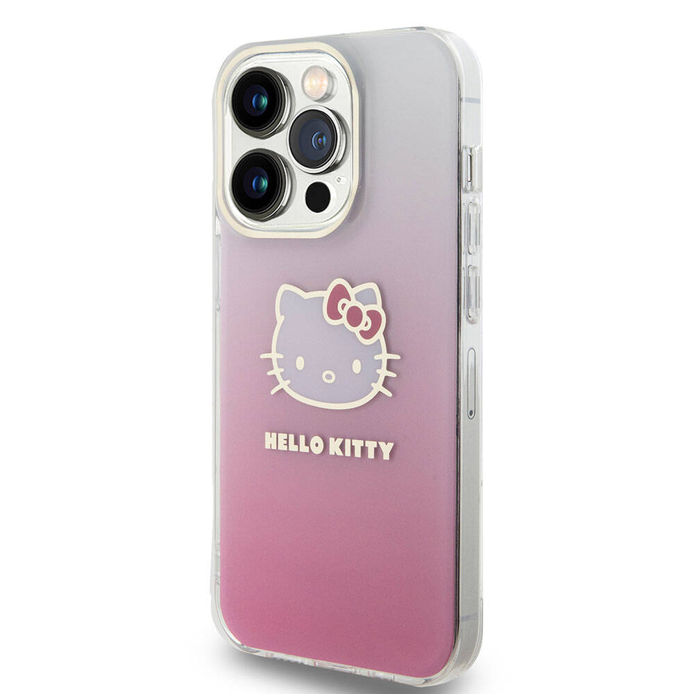 iPhone 15 Pro Kılıf Hello Kitty Orjinal Lisanslı Yazı ve İkonik Logolu Elektroplating Kaplama Gradyan Kılıf Mor