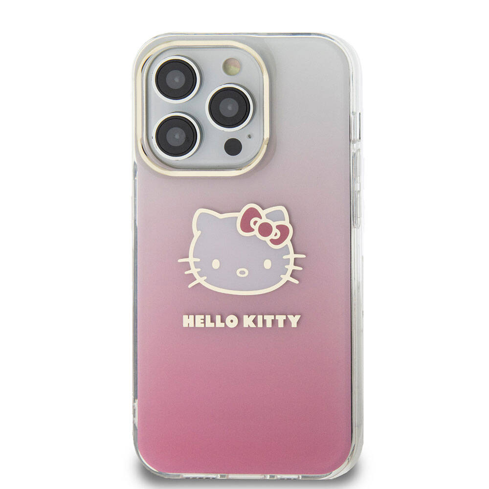 iPhone 15 Pro Kılıf Hello Kitty Orjinal Lisanslı Yazı ve İkonik Logolu Elektroplating Kaplama Gradyan Kılıf Mor
